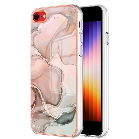 ELEHOLD for iPhone SE 2022 4.7 inch Marble Case, Clear Electroplated Frame Soft TPU Anti-Scratch Wear-Resistant Wireless Charging Slim Fit Transparent Case for iPhone SE 3rd Generation 2022, Rosegold