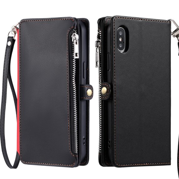 ELEHOLD for iPhone XR Case, Full Body Protection Crossbody Flip Zipper Credit Card Slot Wallet Case Kickstand Shockproof Leather Case with Shoulder Strap and Wrist Strap, Black