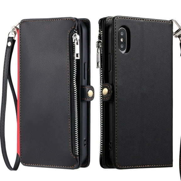 ELEHOLD for iPhone XR Case,  Full Body Protection Crossbody Flip Zipper Credit Card Slot Wallet Case Kickstand Shockproof Leather Case with Shoulder Strap and Wrist Strap, Black