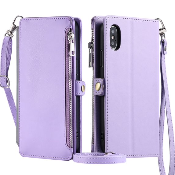 ELEHOLD for iPhone XR Case, Full Body Protection Crossbody Flip Zipper Credit Card Slot Wallet Case Kickstand Shockproof Leather Case with Shoulder Strap and Wrist Strap, Purple