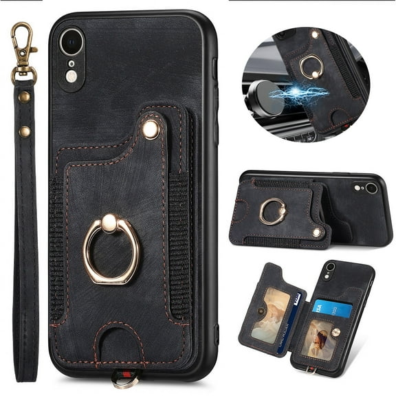 ELEHOLD for iPhone XR Case with Ring Holder, iPhone XR Wallet Case with RFID Blocking Card Holder Wristlet Strap, Magnetic Button Flip Folio Kickstand Shockproof Phone Cover,Black