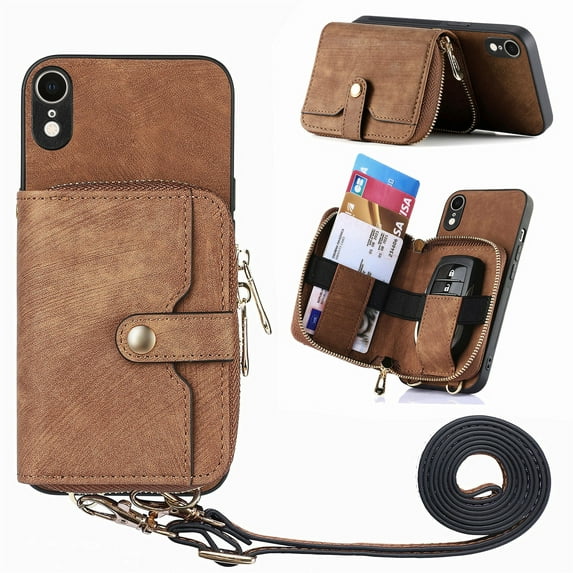 ELEHOLD iPhone XR Crossbody Wallet Case, Zipper PU Leather Phone Case with Card Holder Wrist Strap Purse Cover for iPhone XR,Brown