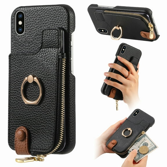 ELEHOLD for iPhone XR Luxury Leather Wallet Case with Back Flip Card Slots RFID Blocking Zipper Cash Pocket Stand Function Ring Holder Support Magnetic Car Mount Shockproof Case,black
