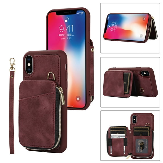 ELEHOLD for iPhone XR,Luxury Zipper Wallet Case with Card Slots Zipper Pocket Kickstand Function Wriststrap Crossbody Shoulder Strap Shockproof Purse Case,winered