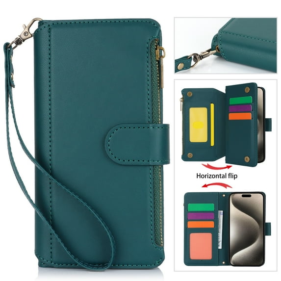 ELEHOLD for iPhone XR PU Leather Wallet Case, with Card Holder Strap Shoulder Lanyard for Women Men, Durable Zipper Kickstand Cover for iPhone XR,Green