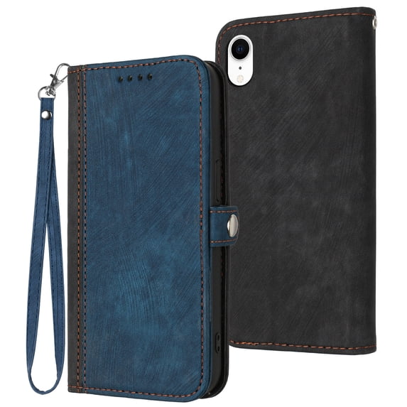 ELEHOLD for iPhone XR Wallet Case with Detachable Wrist Strap Handbag, Luxury PU Leather Flip Soft TPU Built-in Magnetic Card Slots Kickstand Function Shockproof Protective Cover Case,Blue