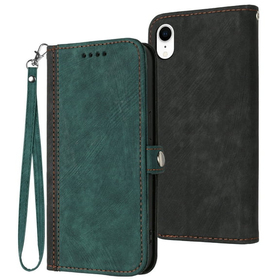 ELEHOLD for iPhone XR Wallet Case with Detachable Wrist Strap Handbag, Luxury PU Leather Flip Soft TPU Built-in Magnetic Card Slots Kickstand Function Shockproof Protective Cover Case,Darkgreen