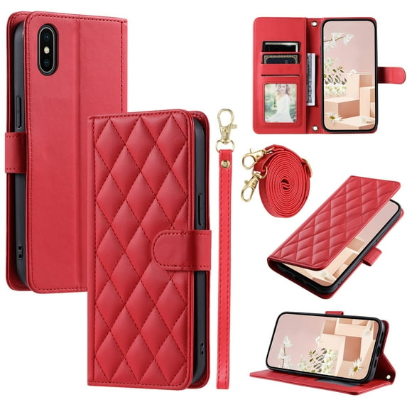 ELEHOLD for iPhone XR Wallet Crossbody Case PU Leather Cover with Card Slots Magnetic Clasp Kickstand Detachable Wriststrap Shoulder Strap Flip Shockpoof Cover,red