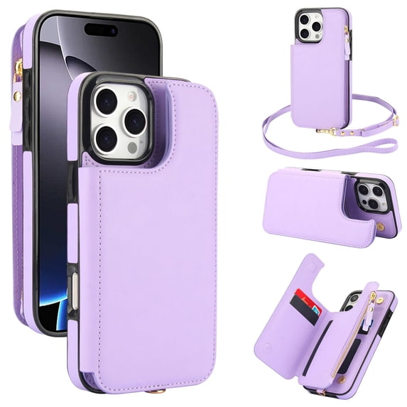 ELEHOLD for iPhone XS Max Case,Flip Kickstand RFID Blocking Card Slot Holder Zipper PU Leather Crossbody Wallet Shock-Absorbent Protective Case with Crossbody Strap,Lightpurple