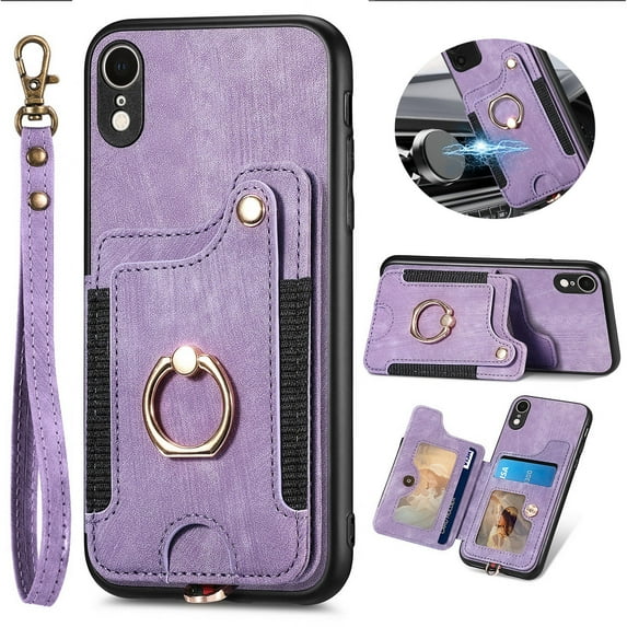 ELEHOLD for iPhone XS Max Case with Ring Holder, iPhone XS Max Wallet Case with RFID Blocking Card Holder Wristlet Strap, Magnetic Button Flip Folio Kickstand Shockproof Phone Cover,Purple