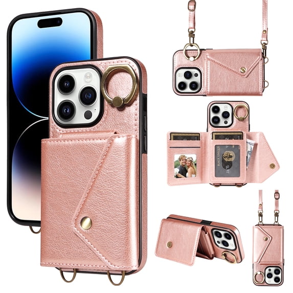 ELEHOLD for iPhone XS Max Crossbody Wallet Case with Card Slots Pockets Magnetic Button Rotating Ring Holder Stand Shoulder Strap Case for Women Girls for iPhone XS Max,rosegold