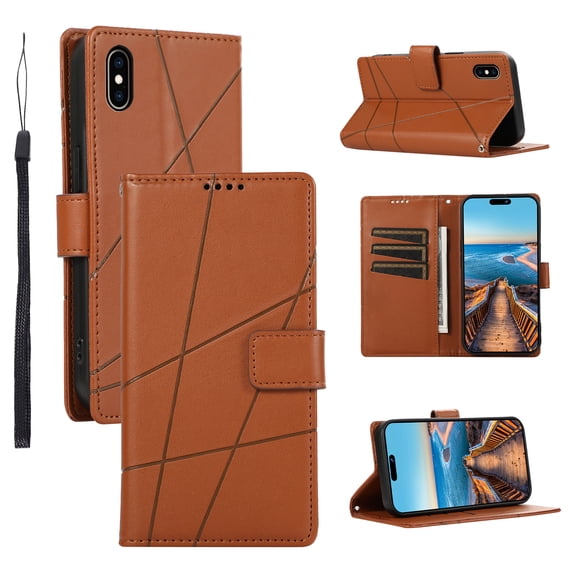ELEHOLD for iPhone XS Max Flip Folio Wallet Case with Credit Card Holders Magnetic Clasp Kickstand Function Wrist Lanyard Premium PU Leather Shockproof Protective Cover,brown