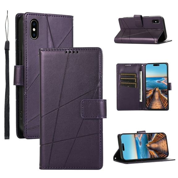 ELEHOLD for iPhone XS Max Flip Folio Wallet Case with Credit Card Holders Magnetic Clasp Kickstand Function Wrist Lanyard Premium PU Leather Shockproof Protective Cover,purple