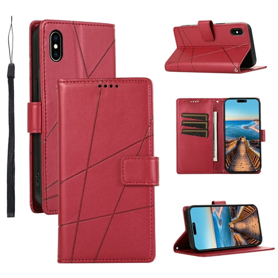 ELEHOLD for iPhone XS Max Flip Folio Wallet Case with Credit Card Holders Magnetic Clasp Kickstand Function Wrist Lanyard Premium PU Leather Shockproof Protective Cover,red