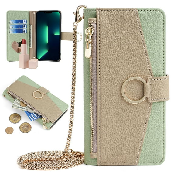 ELEHOLD for iPhone XS Max Leather Wallet Case with Card Slots Cash Pocket Zipper Purse Hidden Mirror,Luxury Crossbody Metal Chain Strap Wallet Case for Women Girls,green