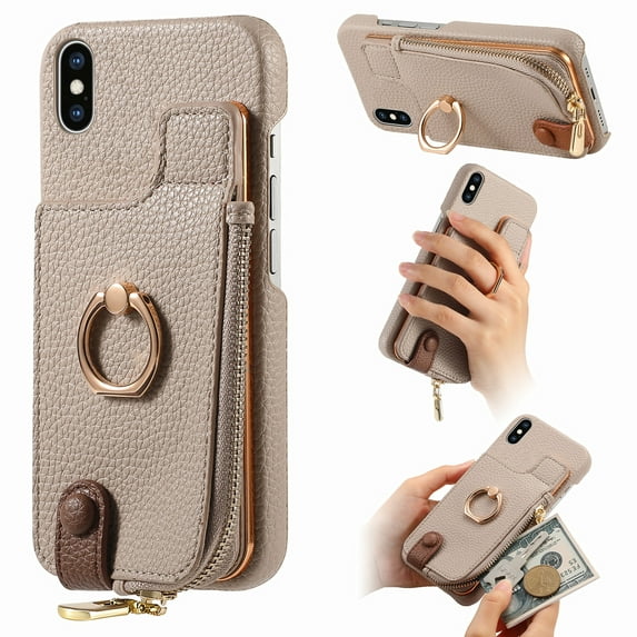 ELEHOLD for iPhone XS Max Luxury Leather Wallet Case with Back Flip Card Slots RFID Blocking Zipper Cash Pocket Stand Function Ring Holder Support Magnetic Car Mount Shockproof Case,khaki