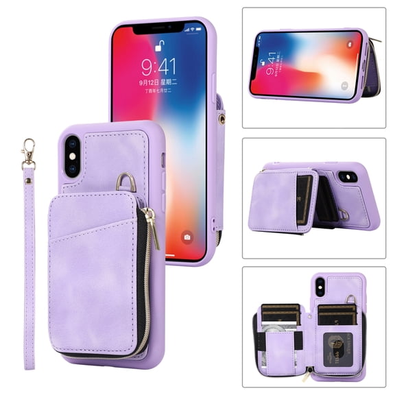 ELEHOLD for iPhone XS Max,Luxury Zipper Wallet Case with Card Slots Zipper Pocket Kickstand Function Wriststrap Crossbody Shoulder Strap Shockproof Purse Case,purple