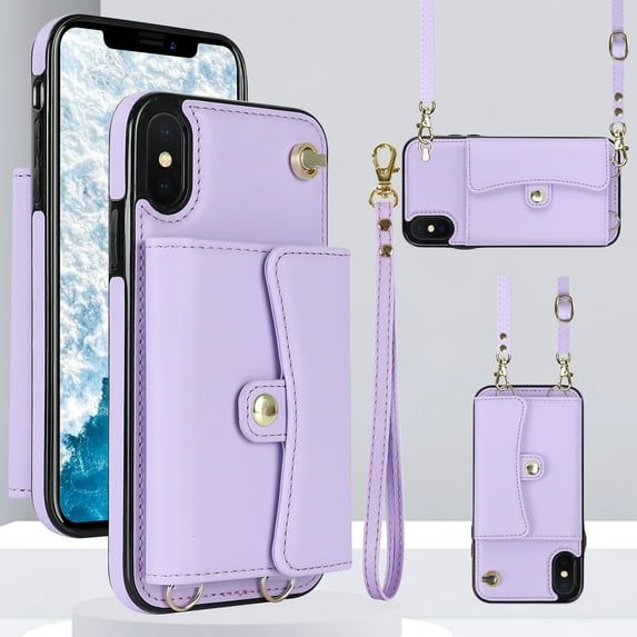 ELEHOLD for iPhone XS Max Multi-Functional Wallet Case Organ Card Slots RFID Blocking Stand Function Wrist Strap Crossbody Shoulder Strap Shockproof Purse Case,purple