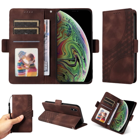 ELEHOLD For iPhone XS/X Leather Wallet Phone Case, Embossed Diamond Folio Flip Cover, Card Holder Cash Slot, Stand Support, Wrist Strap Lanyard -Coffee
