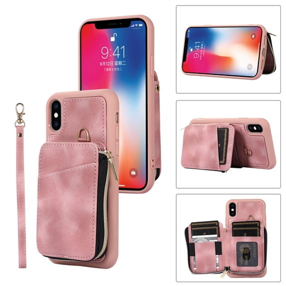 ELEHOLD for iPhone XS/X,Luxury Zipper Wallet Case with Card Slots Zipper Pocket Kickstand Function Wriststrap Crossbody Shoulder Strap Shockproof Purse Case,pink