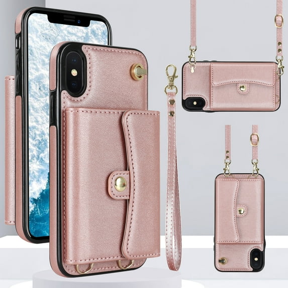 ELEHOLD for iPhone XS/X Multi-Functional Wallet Case Organ Card Slots RFID Blocking Stand Function Wrist Strap Crossbody Shoulder Strap Shockproof Purse Case,rosegold