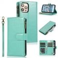 thumbnail image 1 of ELEHOLD for iPhone XS/X Wallet Case with 9 Card Holders Zipper Pocket Kickstand Soft PU Leather Flip Shockproof Protective Cover with Wrist Strap Business Style for Women Men,green, 1 of 8