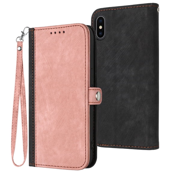 ELEHOLD for iPhone XS/X Wallet Case with Detachable Wrist Strap Handbag, Luxury PU Leather Flip Soft TPU Built-in Magnetic Card Slots Kickstand Function Shockproof Protective Cover Case,Pink