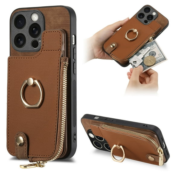 ELEHOLD for iPhone XS/X Zipper Wallet Case with Back Card Holders Metal Ring Holder Kickstand Function Leather Shockproof Card Wallet Case for Women Men,brown