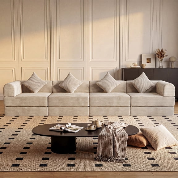 ELEKA 149.6" Modular Sectional Sofa Bed, Convertible Sleeper Sofa with Deep Seat,Corduroy Boneless Couch,Upholstered Foldable Couches for Living Room,No Assembly Required,Beige