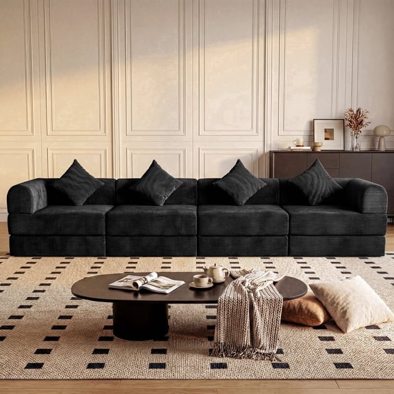 ELEKA 150" Modular Sectional Sofa Bed, Fluffy Comfy Convertible Sleeper Sofa Bed with Deep Seat,Corduroy Futon Foldable Couch,Upholstered Boneless Couches for Living Room,Beige