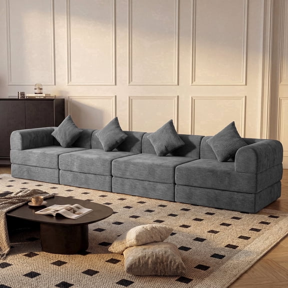 ELEKA 150" Modular Sectional Sofa Bed, Fluffy Comfy Convertible Sleeper Sofa Bed with Deep Seat,Corduroy Futon Foldable Couch,Upholstered Boneless Couches for Living Room,Beige