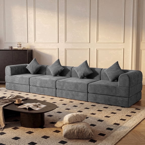 ELEKA 149.6" Modular Sectional Sofa Bed, Convertible Sleeper Sofa with Deep Seat,Corduroy Boneless Couch,Upholstered Foldable Couches for Living Room,No Assembly Required,Gray