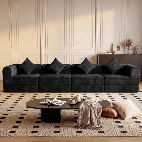 ELEKA 149.6" Modular Sectional Sofa Bed， Convertible Sleeper Sofa with Deep Seat，Corduroy Boneless Couch，Upholstered Foldable Couches for Living Room，No Assembly Required，Black