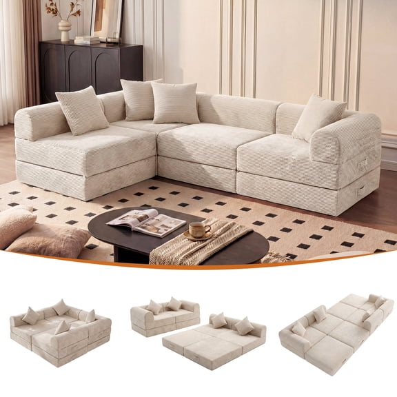 ELEKA 112.2" Modular Sectional Sofa Bed, Convertible Sleeper Sofa with Deep Seat,Corduroy Boneless Couch,Upholstered Foldable Couches for Living Room,No Assembly Required,Beige