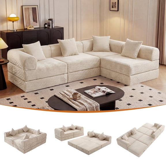 ELEKA 112.2" Modular Sectional Sofa Bed, Convertible Sleeper Sofa with Deep Seat,Corduroy Boneless Couch,Upholstered Foldable Couches for Living Room,No Assembly Required,Beige