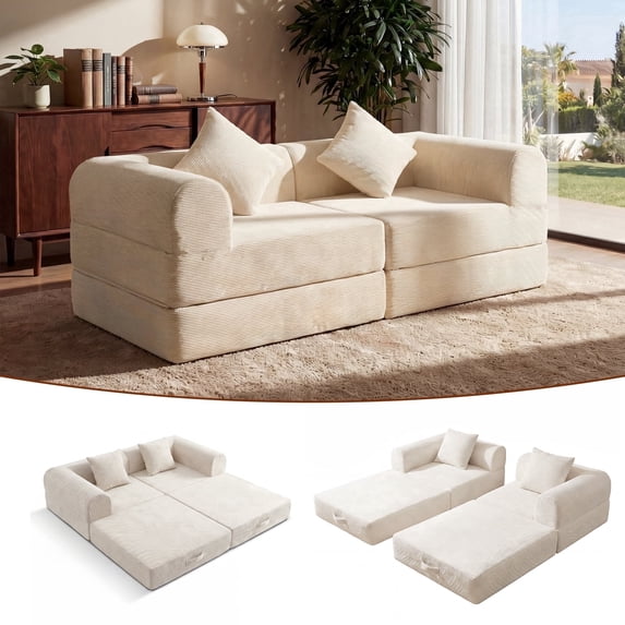ELEKA 74.8" Convertible Sleeper Sofa Bed,Folding Floor Mattress Couch,Sectional Couches for Living Room ,No Assembly Required ,Beige