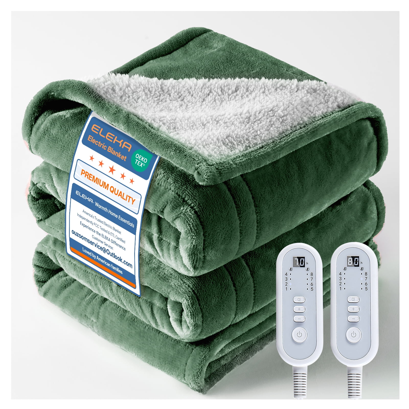 ELEKA Electric Blanket Full Size，Soft Flannel & Sherpa Heated Blanket，1–10H Auto‑Off,8 Heating Levels，Warm Gift for Family ,84"x90" inches,Green