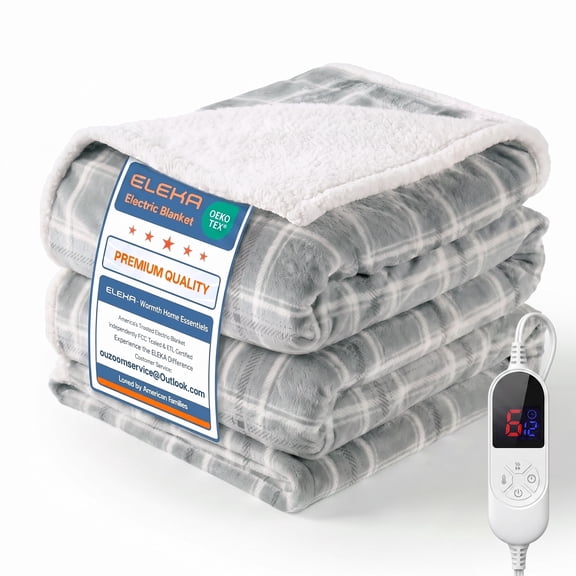 ELEKA Heated Blanket Throw Electric, 50" x 60", 6 Heat Settings, 12 H Auto-Off, Machine Washable, Grey White Plaid