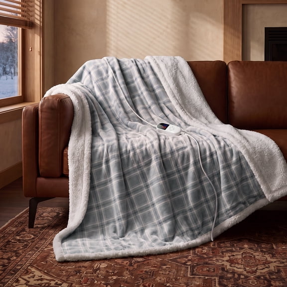 ELEKA Heated Blanket Throw Electric, 50" x 60", 6 Heat Settings, 12 H Auto-Off, Machine Washable, Grey White Plaid