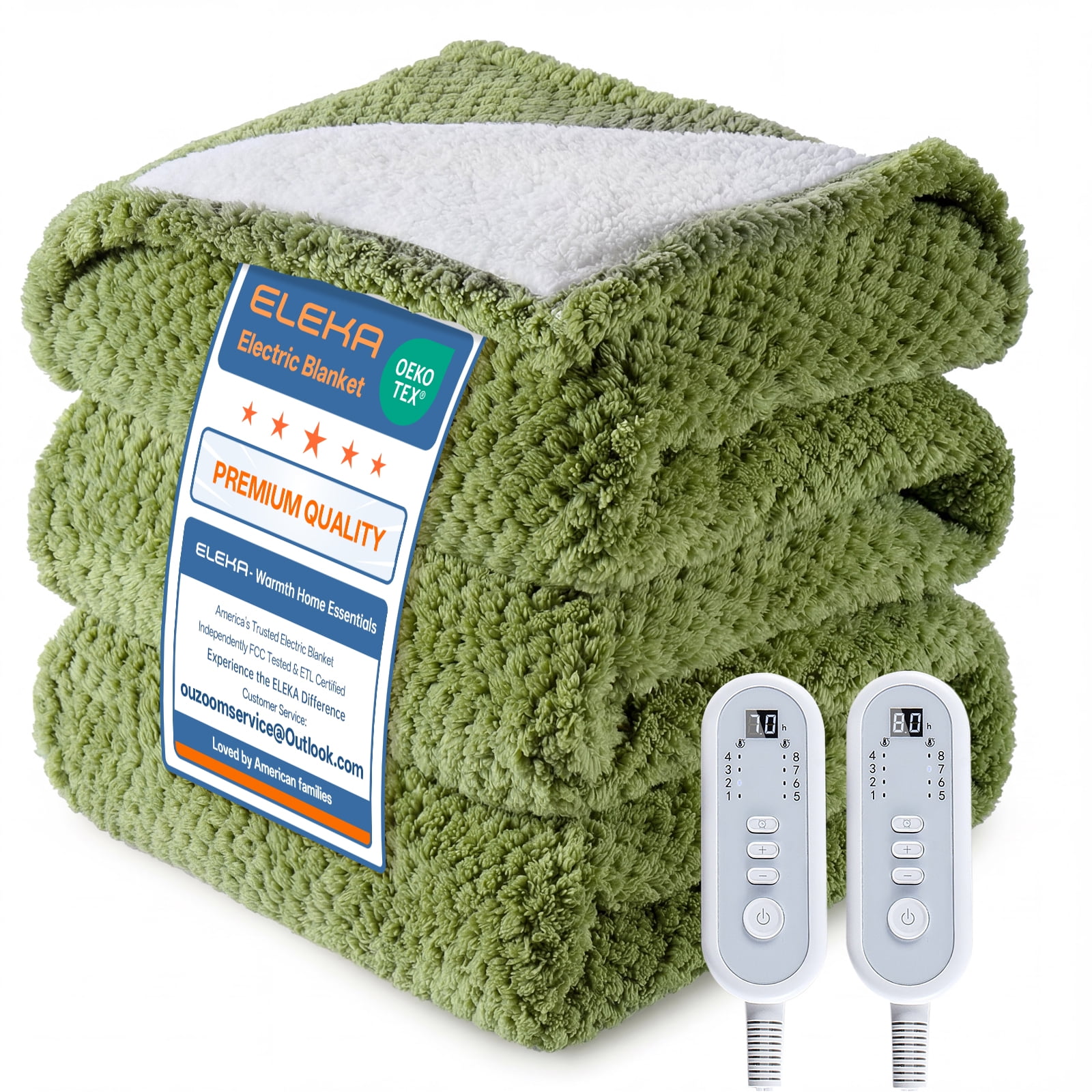 ELEKA Electric Heated Blanket Twin，Ultra‑Cozy Premium Flannel & Sherpa， 1–10 H Auto‑Off,8 Heating Levels，Overheat Protection, Ideal Gifts for Grandma，84" x 90"，Green