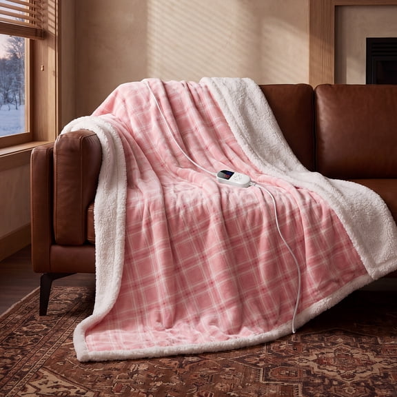 ELEKA Heated Blanket Throw Electric, 50" x 60", 6 Heat Settings, 12 H Auto-Off, Machine Washable, Pink White Plaid