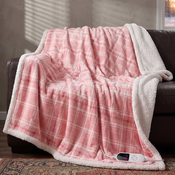 ELEKA Heated Blanket Throw Electric, 62" x 84", 6 Heat Settings, 12 H Auto-Off, Machine Washable, Pink White Plaid