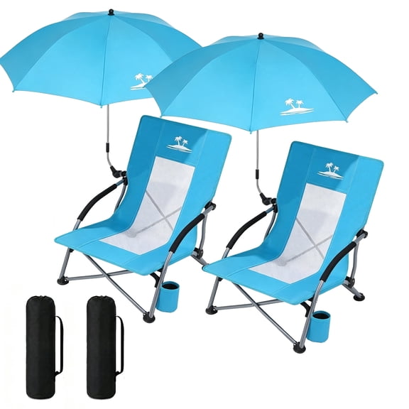 ELEKA Low Beach Chairs 2 Pack,Folding Portable Chair for Adults,330lbs Low Seat Camping Chairs with Removable Adjustable Umbrella,High Back Folding Beach Chairs with Cup Holder and Carry Bag-Blue