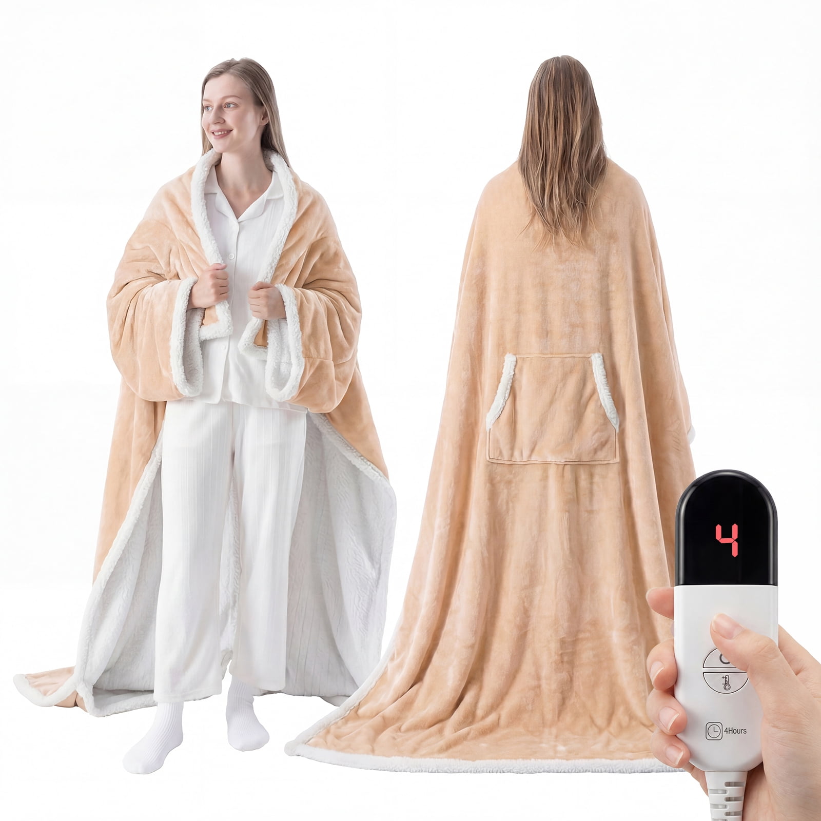 ELEKA Wearable Heated Blanket with Foot Pocket，Electric Blanket with Sleeves，6 Heating Levels,4 Hours Heating Time Settings，Beige，52*72