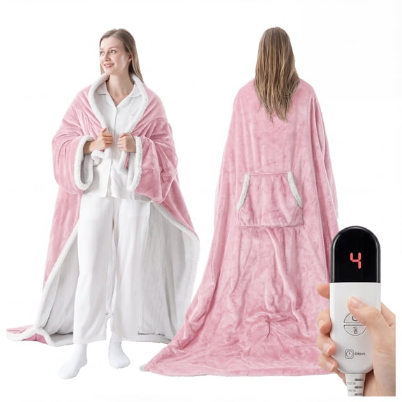 ELEKA Wearable Heated Blanket with Foot Pocket，Electric Blanket with Sleeves，6 Heating Levels,4 Hours Heating Time Settings，Pink，52*72