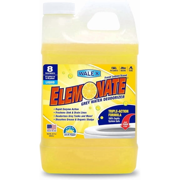 Walex Elemonate RV & Marine grey holding tank deodorizer, maintains healthy grey tank, 32oz Liquid, Lemon Fragrance