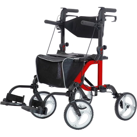 ELENKER 2 in 1 Folding Rollator Walker & Transport Wheelchair with Detachable Footrests, Red