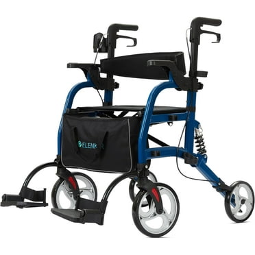 ELENKER 2 in 1 Rollator Walker & Transport Chair for Seniors, Foldable Walker Wheelchair Combo with 10” Wheels and Shock Absorber, Blue