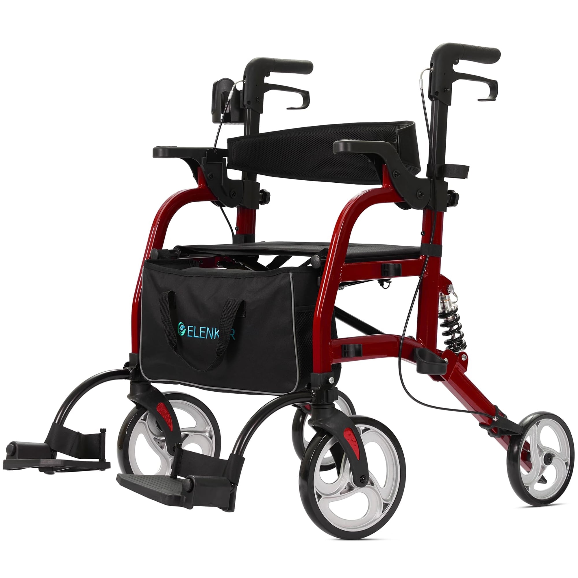 ELENKER 2 in 1 Rollator Walker & Transport Chair for Seniors, Foldable Walker Wheelchair Combo with 10” Wheels and Shock Absorber, Red