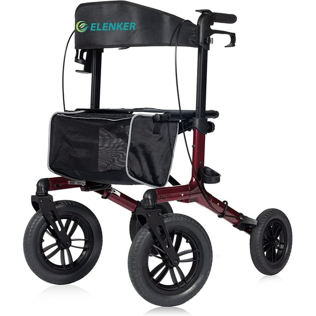 ELENKER AllTerrain Folding Rollator Transport Walker with Seat and 12